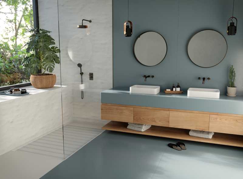 Silestone Sunlit Days Cala Blue Bathroom